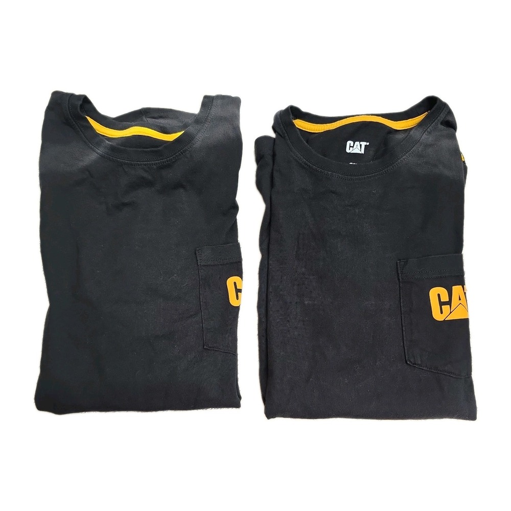 LOT of 2 CAT T-shirts Men's 2XL Black Crew Neck Short Sleeve Logo Pocket